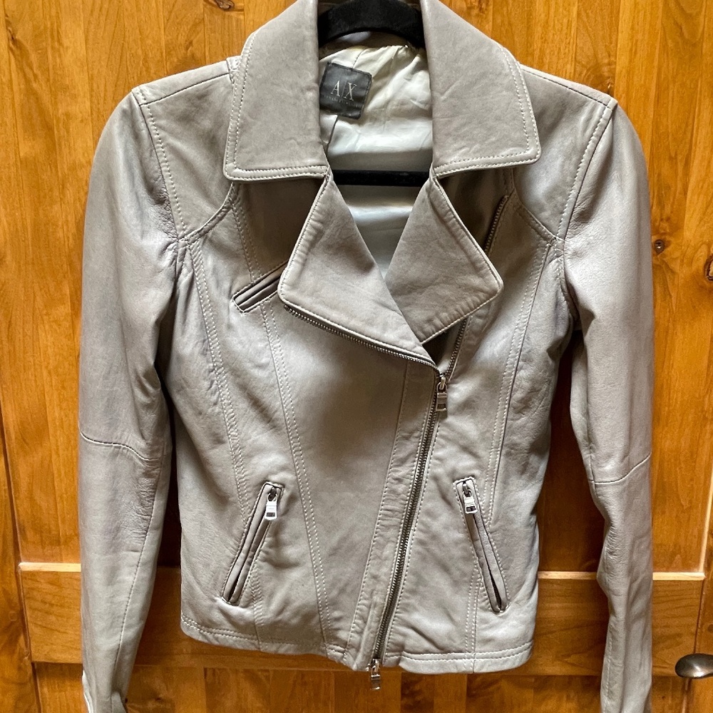 Armani Exchange Grey Lamb Leather Moto Jacket. Size XS
